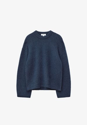 Marineblauer Pullover aus weichem, flauschigem Material. Mit Rundhalsausschnitt und langen Ärmeln mit gerippten Bündchen und Saum.