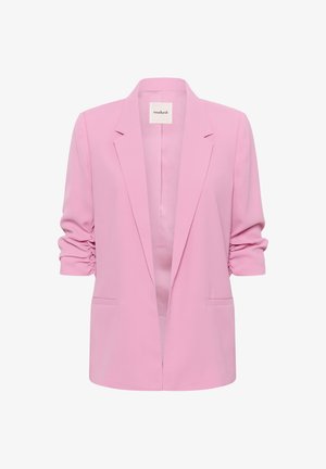 Rózsaszín zakó laza szabással, felhajtott ujjakkal és elülső zsebekkel. Simító anyagból készült, gomb nélküli nyitott elülső résszel rendelkezik.