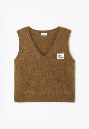 Braune, flauschige ärmellose V-Ausschnitt Strickweste mit einem kleinen Aufnäher, der Fruchtillustrationen und den Text "LA MAISON AMV seit 2005" zeigt.