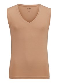 T-shirt beige senza maniche a scollo a V, realizzato in morbido cotone e miscela di elastan. Design aderente con una leggera lucentezza e dettagli di orlo cuciti.