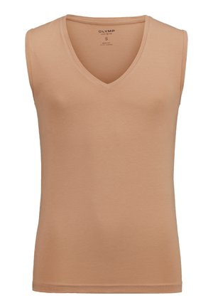 Beige sleeveless v-neck t-shirt, made from soft cotton and elastane blend. Body-fit design with subtle sheen and stitched hem details.
