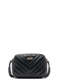 Schwarze, gesteppte Crossbody-Tasche mit goldenem LIU JO-Logo, verstellbarem Schulterriemen und Reißverschluss, die ein Zickzack-Nähmuster auf der Vorderseite zeigt.