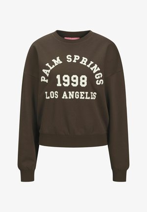Brauner Sweatshirt mit Rundhalsausschnitt, das in fetter Schrift mit weißen Grafiken den Text "PALM SPRINGS 1998 LOS ANGELES" trägt. Elastischer Bund und Bündchen.