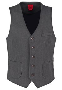 Gilet gris en tissu texturé, cinq boutons marron, deux poches avant et col en V. Intérieur doublé de couleur noire unie.