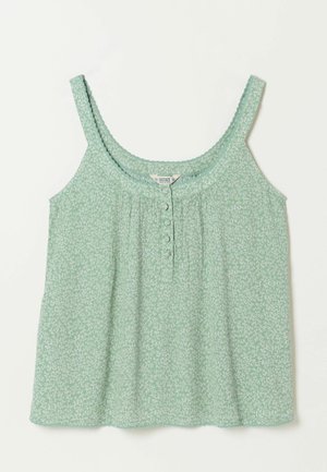 Heleroheline varrukateta pluus peente õhukeste rihmadega, väike valge lillemustriga, neli esiküljel nuppu ja volditud detailid kaeluse all.