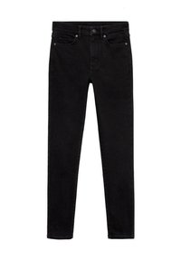 Musta farkkuhousu slim fit -muotoilulla, viidellä taskulla, edessä nappikiinnitys ja hillityt ommeltiedot. Sileä pinta, ei näkyviä kuviota.