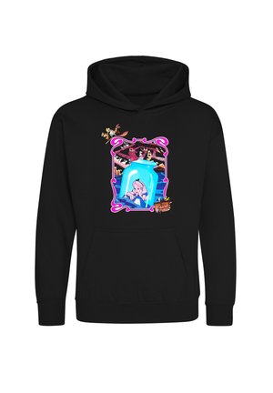 Sweat à capuche noir avec un design coloré d'Alice au pays des merveilles montrant Alice à l'intérieur d'un bocal bleu entourée d'un cadre rose et de personnages fantaisistes.