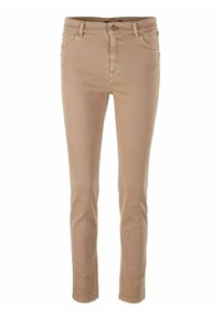 Beige jeans van denim, met een slim fit, vijf zakken en een knoopsluiting aan de voorkant. Soepele textuur met een strakke uitstraling.