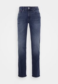 Tmavě modré džíny s rovný střih, pěti kapsami, jemným pruhováním a kovovým zapínáním na knoflík v pase.