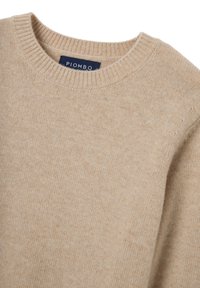 Beiger Rundhalsausschnitt-Pullover aus weichem Strickstoff, mit einem gerippten Kragen und subtiler Textur im gesamten Material. Markenlabel innen am Kragen sichtbar.