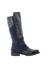 Knee-high boots made of mixed materials including smooth black leather and navy suede. Features a side zipper, textured gray panel, and block heel.