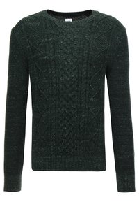 Dunkelgrüner Strickpullover mit strukturiertem Zopfmuster, Rundhalsausschnitt und langen Ärmeln. Rippbündchen und Saum, aus weicher Wolle gefertigt.