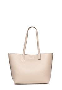 Borsa tote in pelle beige con manici lunghi. Superficie testurizzata, apertura superiore e bordi lisci. Nessun hardware visibile o accenti aggiuntivi.