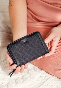 Black zippered wallet featuring a smooth, textured surface with a subtle pattern, highlighted by an embossed logo at the top.