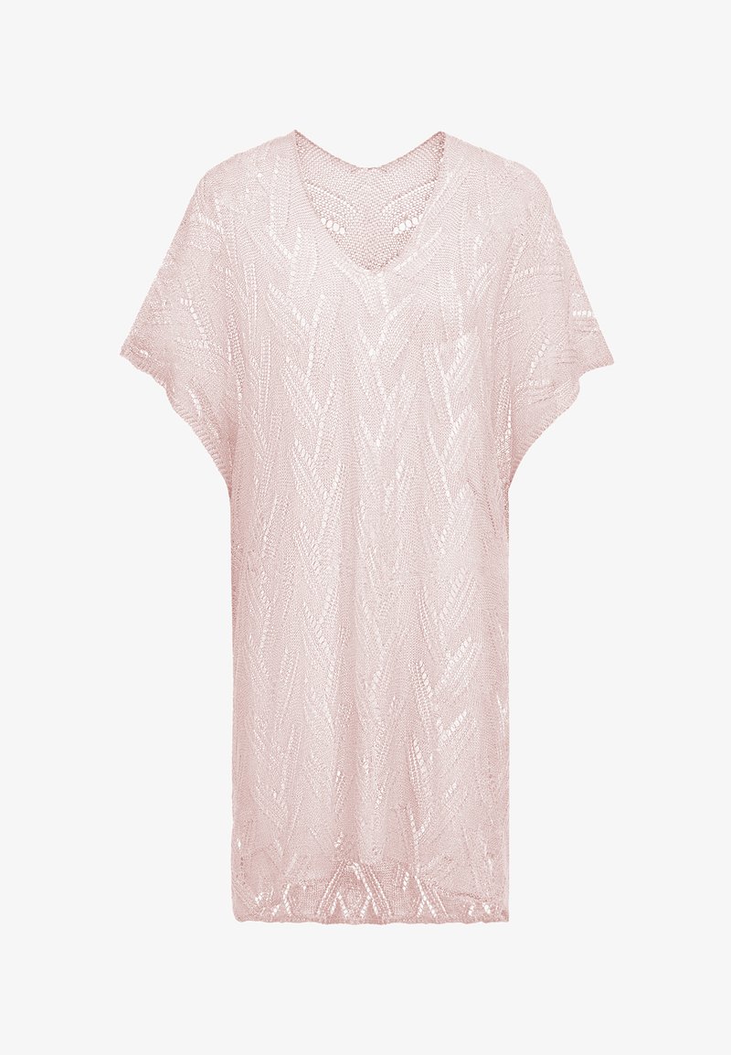 Top tricotat de culoare roz deschis, cu decolteu în V, design lejer și țesătură deschisă, având un model în zigzag pe toată suprafața. Mâneci scurte.