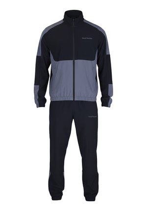 Heren trainingspak in zwart en grijs met ritssluiting, lange mouwen, elastische manchetten en tailleband, en steekzakken aan de zijkant van zowel het jasje als de broek.