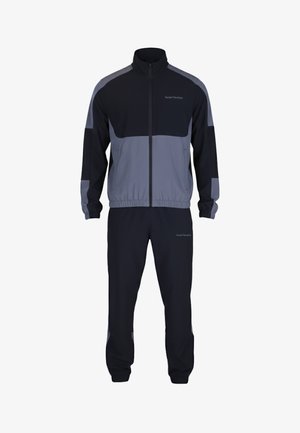 Heren trainingspak in zwart en grijs met ritssluiting, lange mouwen, elastische manchetten en tailleband, en steekzakken aan de zijkant van zowel het jasje als de broek.