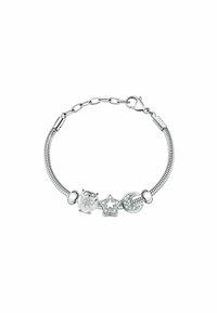 Bracciale in argento con una catena serpentina flessibile, dotato di charm a forma di gufo, stella e luna crescente con accenti scintillanti.