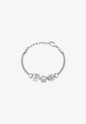 Bracciale in argento con una catena serpentina flessibile, dotato di charm a forma di gufo, stella e luna crescente con accenti scintillanti.