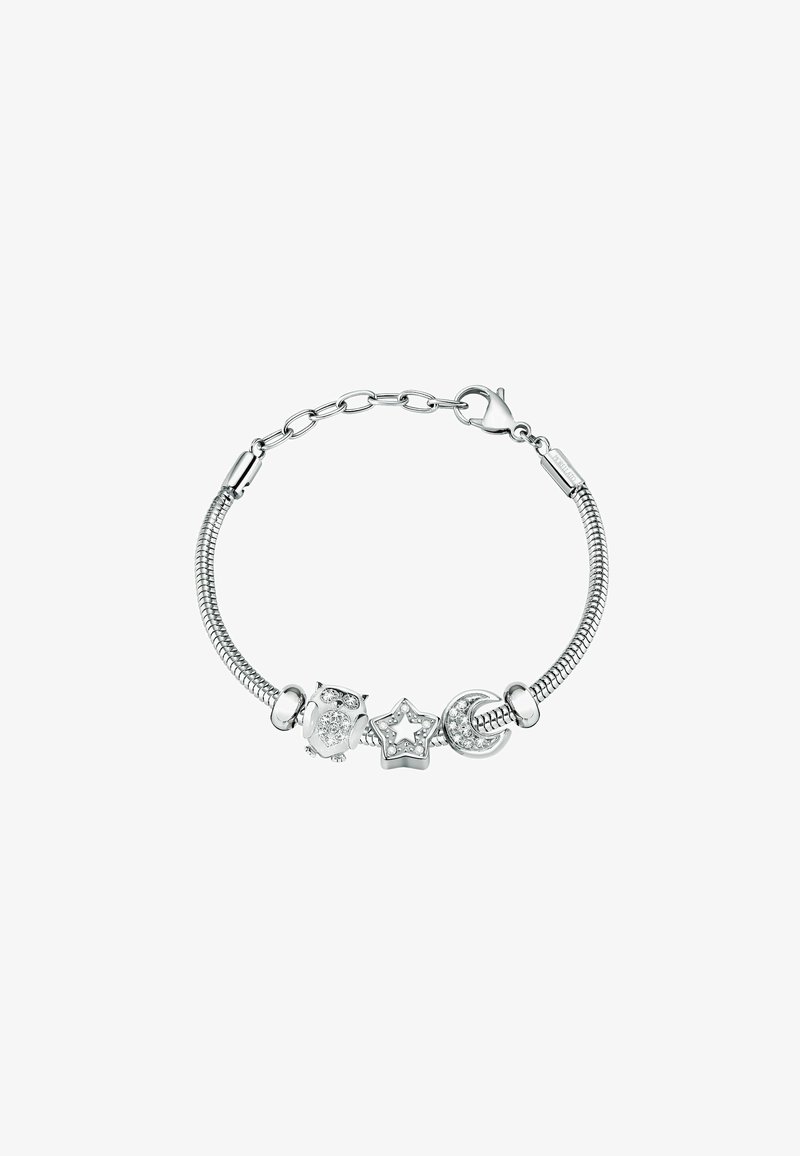 Bracciale in argento con una catena serpentina flessibile, dotato di charm a forma di gufo, stella e luna crescente con accenti scintillanti.