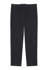 Black relaxed-fit pants made of soft fabric, featuring an elastic waistband with drawstring, two side pockets, and a straight leg design.