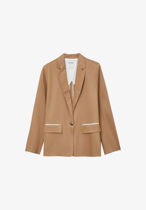 Brown blazer with a structured design, two front pockets, a single button closure, and white piping accents along the pocket edges.