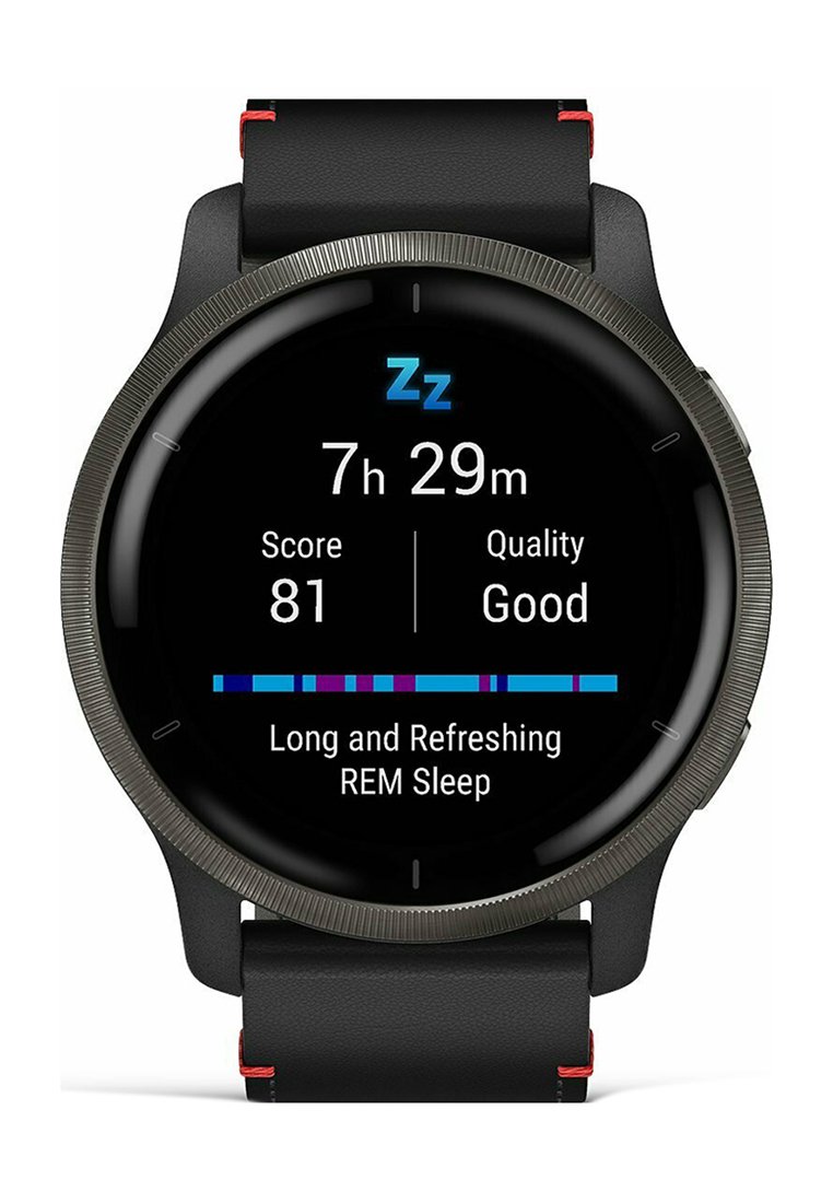 Schwarze Smartwatch mit rundem Display, grauem Gehäuserand und schwarzem Armband. Bildschirm zeigt Schlafdaten mit blauem Text und bunten Diagrammen.