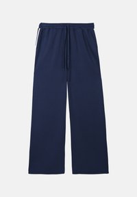 Navy blue wide-leg sweatpants with elastic waistband, drawstring, and side pockets on a plain light background.