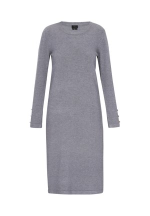 Siva haljina dugih rukava od mekanog materijala, s okruglim izrezom i gumbićima na manžetama. Ravni kroj s dužinom do koljena.