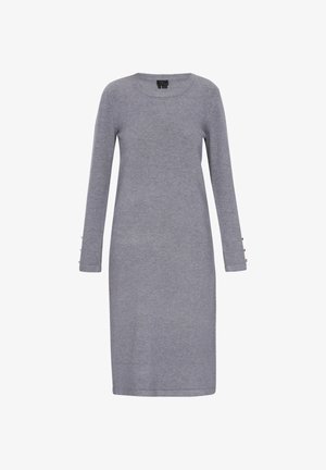 Siva haljina dugih rukava od mekanog materijala, s okruglim izrezom i gumbićima na manžetama. Ravni kroj s dužinom do koljena.