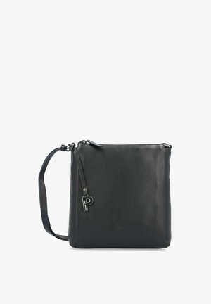 Schwarze Leder-Crossbody-Tasche mit flachem Design, verstellbarem Schultergurt, Reißverschluss und einem kleinen Markenakzent an der Seite.