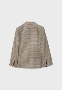 Kariertes Blazer in Beige-, Braun- und Schwarztönen. Bemerkenswerte Details sind strukturierte Schultern, Reverskragen und geknöpfte Manschetten.