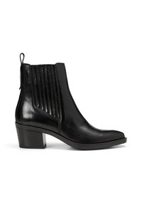 Black leather ankle boot with ribbed accents, pointed toe, and a block heel. Features a pull tab for easy wear. Smooth, glossy texture.