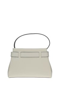 Borsa a mano in pelle grigia chiara con forma strutturata, manico piatto e design minimalista. Presenta cuciture a contrasto e un pannello frontale rettangolare.