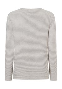 Hellgrauer Langarmpulli mit horizontaler Rippstruktur, Rundhalsausschnitt und geradem Schnitt. Der Stoff scheint weich und leicht dehnbar zu sein.