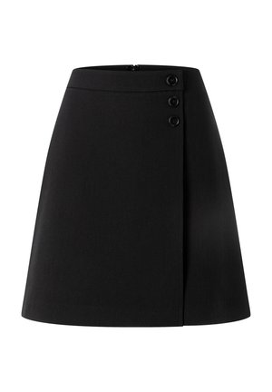 Schwarzer A-Linien-Rock mit hoher Taille, drei Knöpfen auf der rechten Seite und einem glatten, einfarbigen Stoffdesign.