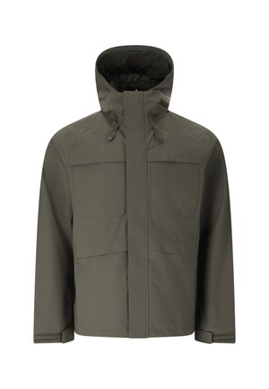 Dunkelgrüne wasserdichte Jacke mit Kapuze, zwei Brusttaschen, durchgehendem Frontreißverschluss, der von einer Blende bedeckt ist, und verstellbaren Handgelenksriemen.