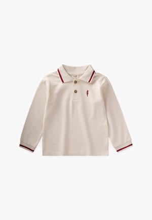 Langärmliges kremfarbenes Polohemd aus Baumwolle mit einer Knopfleiste mit zwei Knöpfen, rot und navy gestreiftem Kragen und Bündchen sowie einem gestickten Logo.