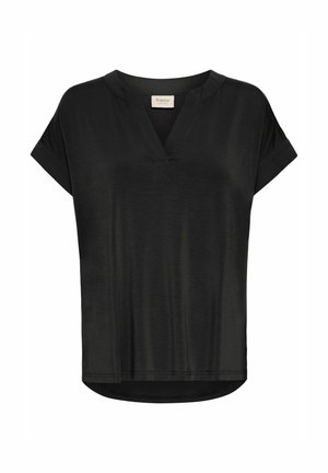 Zwarte top met korte mouwen en een V-halslijn, zachte textuur en een gebogen zoom. Het heeft opgerolde mouwen en een losse pasvorm.