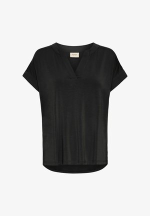 Czarny top z krótkim rękawem o dekolcie w kształcie litery V, z miękką fakturą i zaokrąglonym dołem. Posiada podwinięte rękawy i luźny krój.