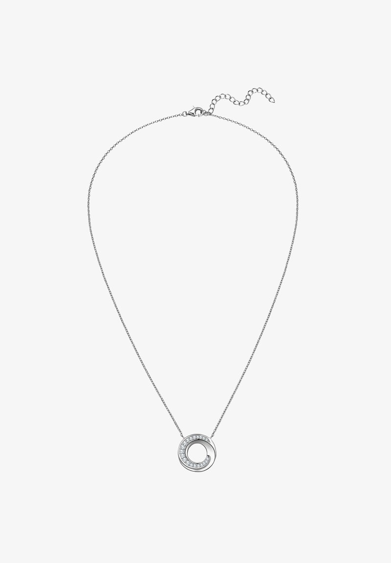 Silver chainhalsband med en cirkulär hänge med en texturerad design och inbäddade klara stenar. Justerbart kedjelängd med spänne.