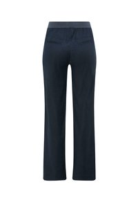 Marineblauwe weite Hose aus strukturiertem Stoff mit elastischem Bund und zwei Gesäßtaschen. Sie bietet eine lockere Passform und einen geraden Schnitt.