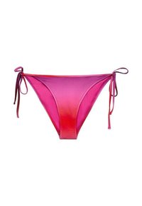 Pink gradient bikini bottom with side ties, smooth texture, and a low-rise design. Features a blend of light and dark pink hues.