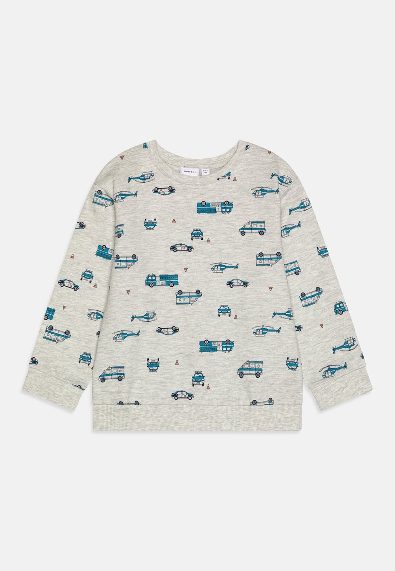 Pull gris clair à manches longues pour tout-petit avec motif de véhicules d'urgence et d'hélicoptères bleus, comprenant des camions de pompiers, des voitures de police et des ambulances.