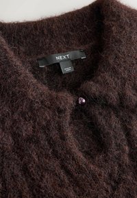 Hnědý, chlupatý pletený kardigan s kulatým výstřihem. Má fialový knoflík a štítek s nápisem "NEXT", který označuje značku a původ.