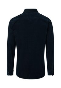 Navyblaue Cordhemd mit langen Ärmeln, geknöpften Manschetten und einem klassischen Kragen; verfügt über eine vertikale Ripptextur und eine taillierte Passform.