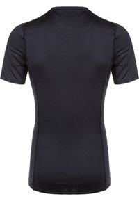 Schwarzes Kompressionst-Shirt, kurze Ärmel, glatte Textur, enganliegendes Design, hoher Kragen, keine sichtbaren Logos oder Muster.