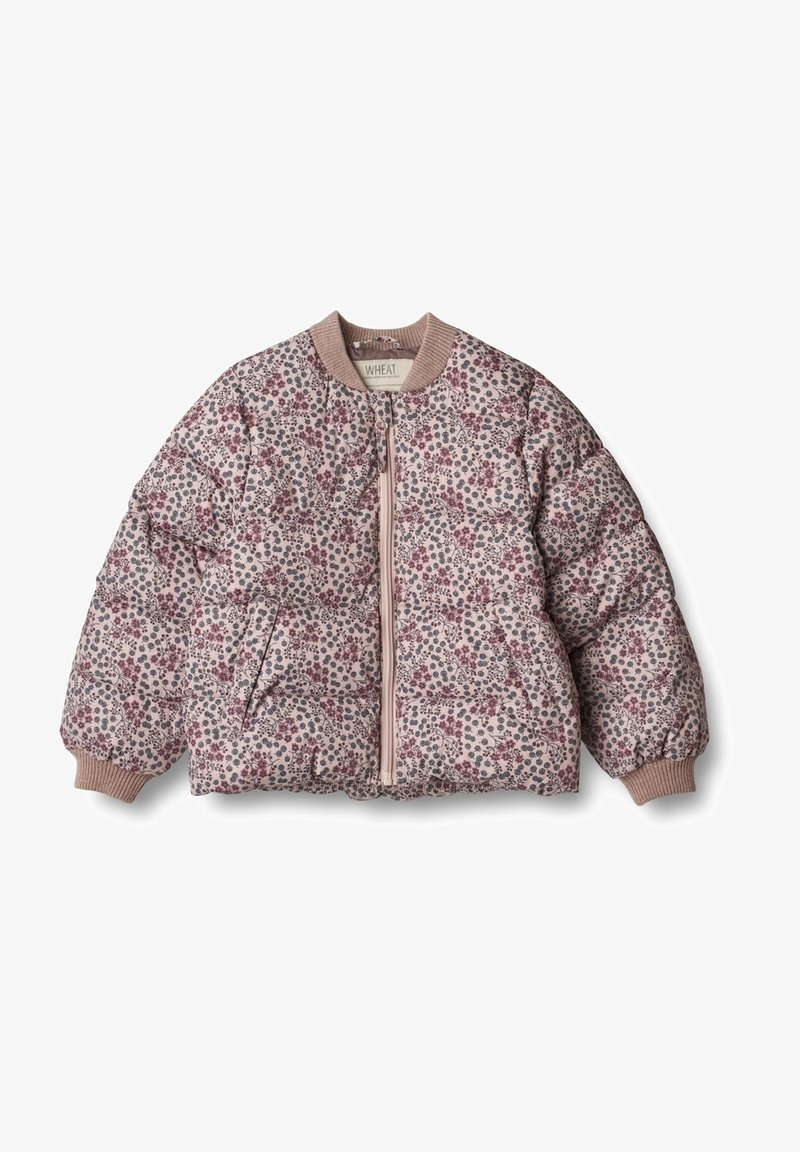 Veste matelassée rose clair pour enfants avec motif floral violet et points, fermeture éclair frontale, col, poignets et poches côtelés.