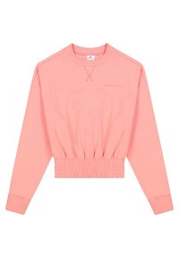 Rosa långärmad cropped sweatshirt med ribbade ärmslut, elastisk midjeband och subtilt broderad Champion-logotyp på bröstet.