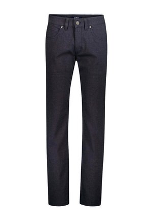 Dunkelblaue Jeans mit geradem Bein, Vordertaschen, Gürtelschlaufen und Knopfverschluss vor weißem Hintergrund.